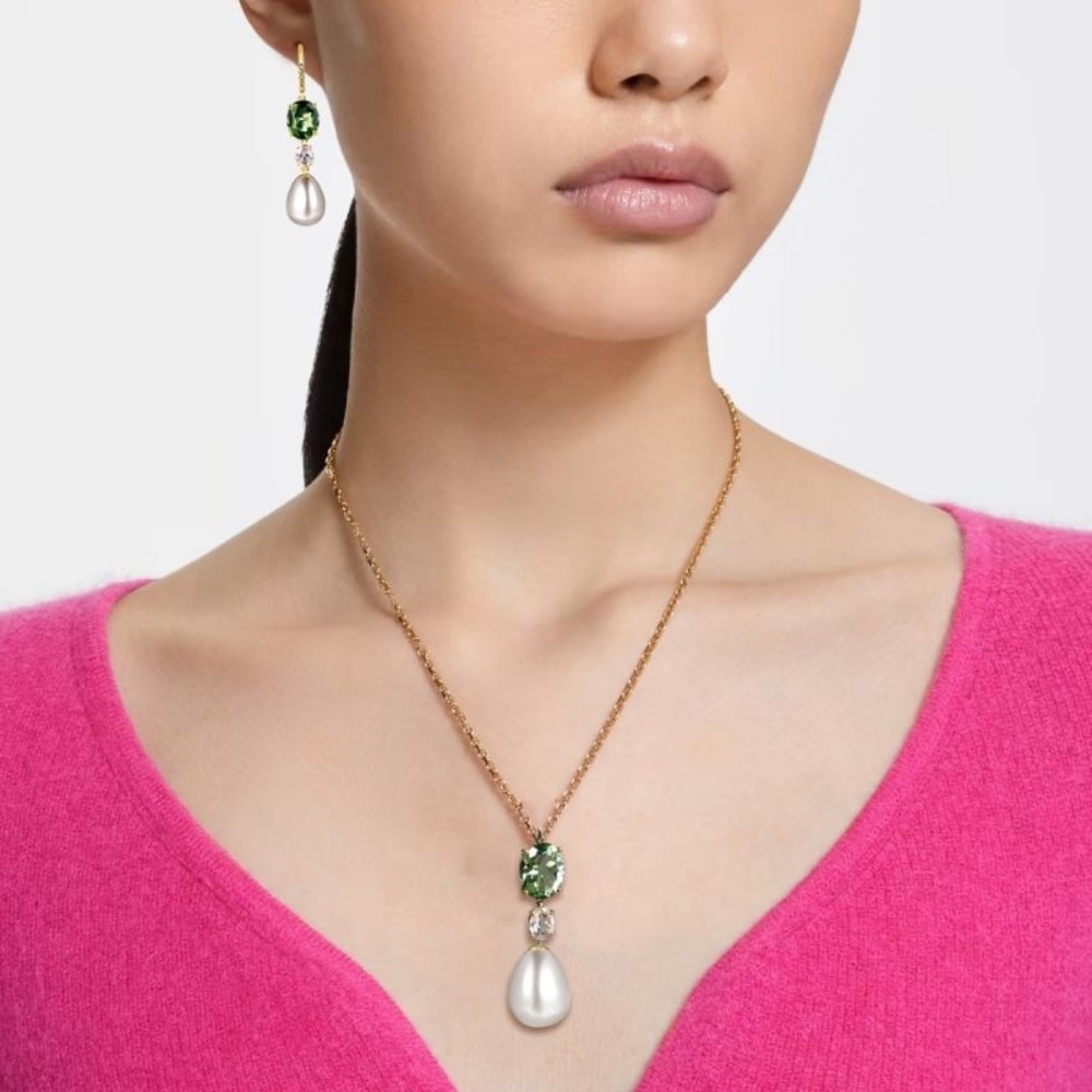Nextnecklace Elegant Golden Oval Cut Pearl & Peridot Necklace & Earrings Sets